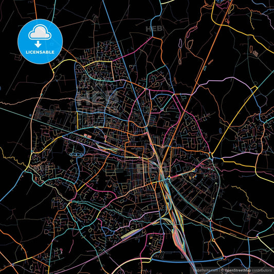 Crewe, North West England, England, colorful city map on black background
