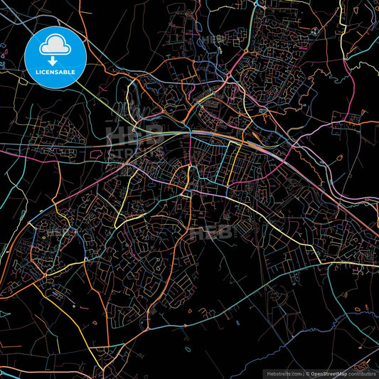 Rugby, West Midlands, England, colorful city map on black background