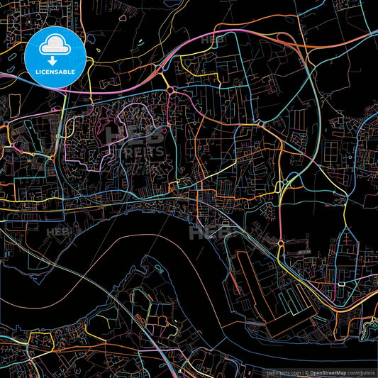 Grays, East of England, England, colorful city map on black background