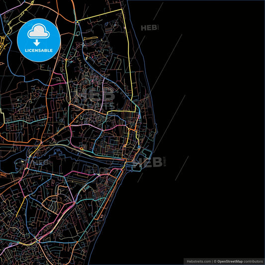 Lowestoft, East of England, England, colorful city map on black background