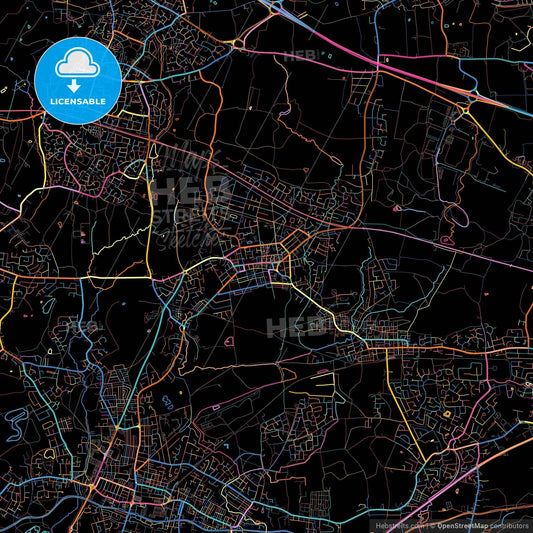 Atherton, North West England, England, colorful city map on black background