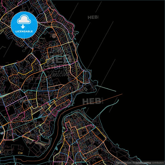 Tynemouth, North East England, England, colorful city map on black background