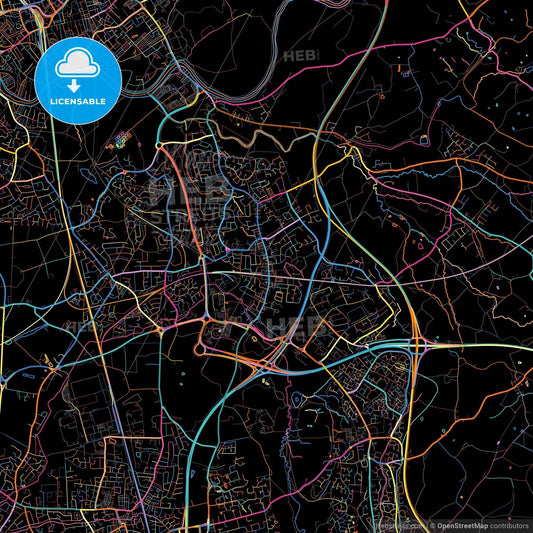 Bamber Bridge, North West England, England, colorful city map on black background