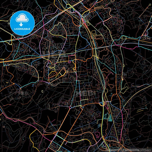 Farnborough, South East England, England, colorful city map on black background