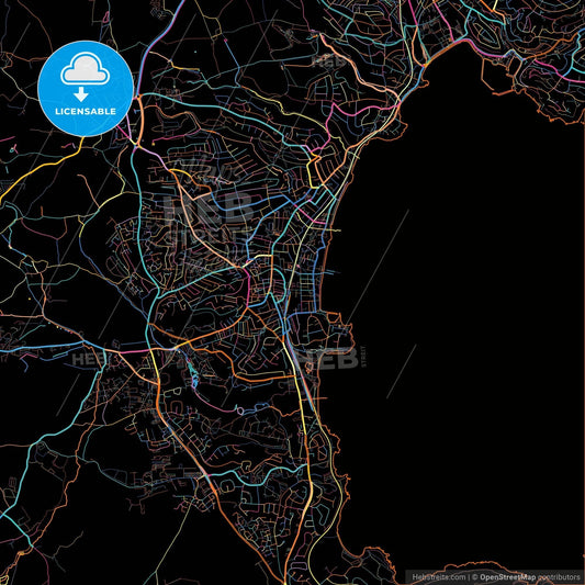 Paignton, South West England, England, colorful city map on black background