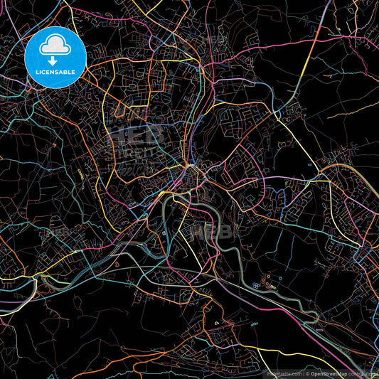 Dewsbury, Yorkshire and the Humber, England, colorful city map on black background