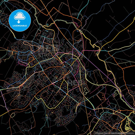 Loughborough, East Midlands, England, colorful city map on black background