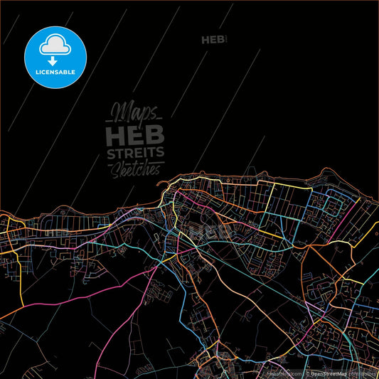 Margate, South East England, England, colorful city map on black background