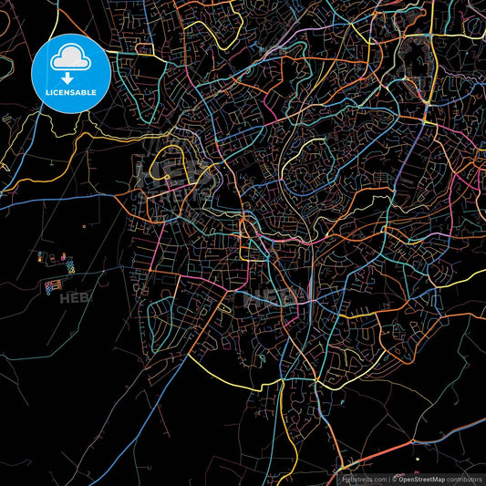 Stourbridge, West Midlands, England, colorful city map on black background
