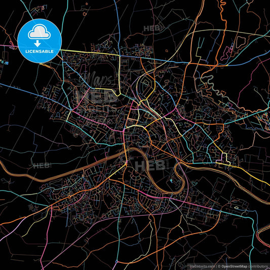 Hereford, West Midlands, England, colorful city map on black background