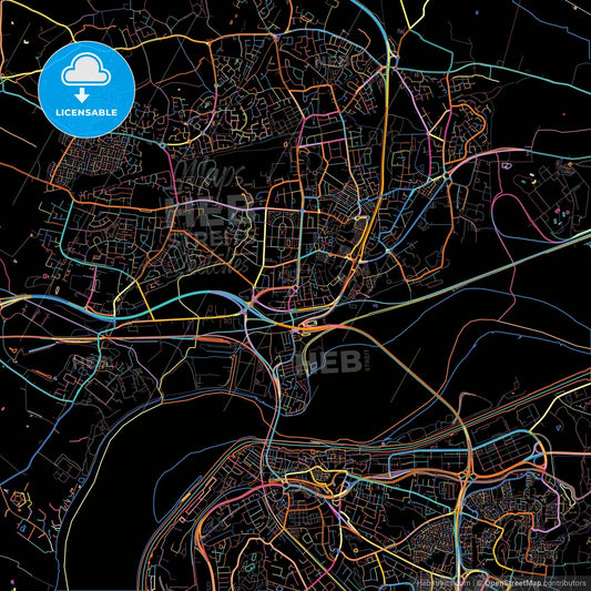 Widnes, North West England, England, colorful city map on black background