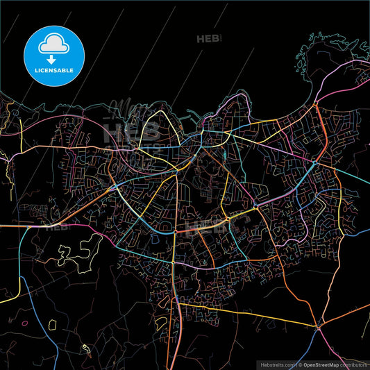 Bangor, Down, Northern Ireland, colorful city map on black background