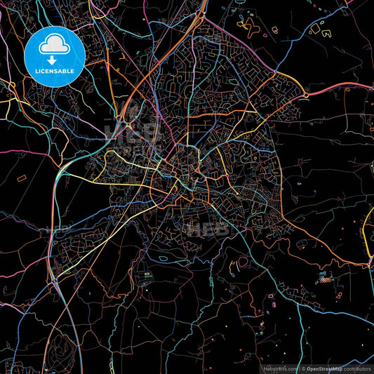 Wrexham, Wrexham, Wales, colorful city map on black background