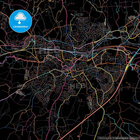 Taunton, South West England, England, colorful city map on black background