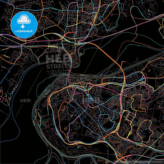 Runcorn, North West England, England, colorful city map on black background
