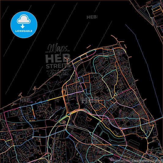 Wallasey, North West England, England, colorful city map on black background