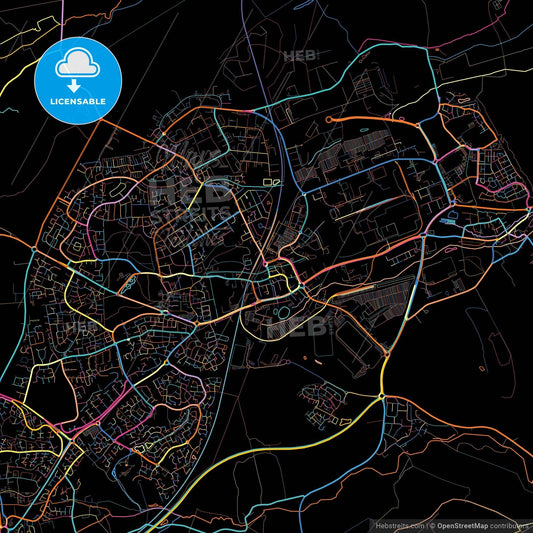 Corby, East Midlands, England, colorful city map on black background