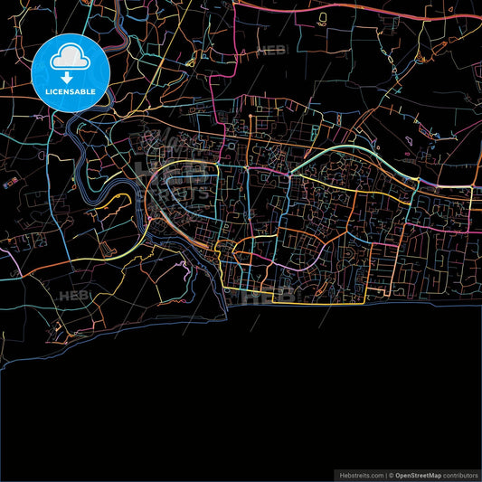 Littlehampton, South East England, England, colorful city map on black background