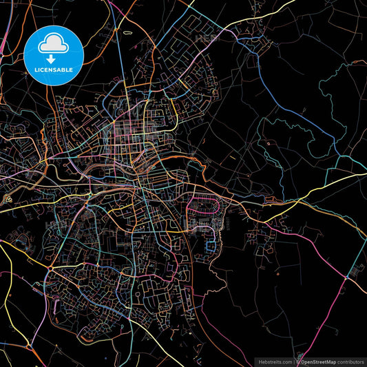 Royal Leamington Spa, West Midlands, England, colorful city map on black background