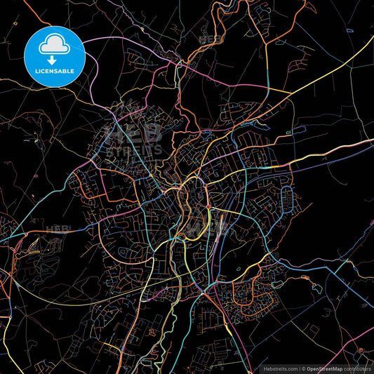 Kidderminster, West Midlands, England, colorful city map on black background