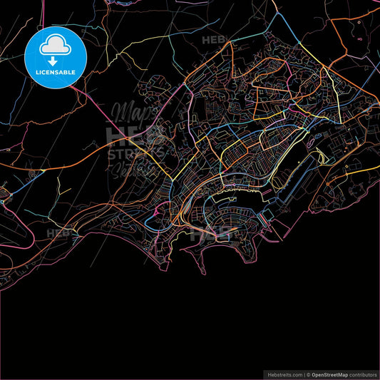 Barry, Vale of Glamorgan, Wales, colorful city map on black background