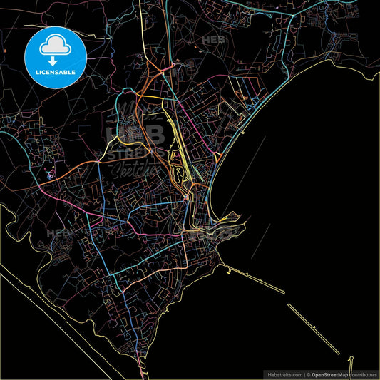 Weymouth, South West England, England, colorful city map on black background