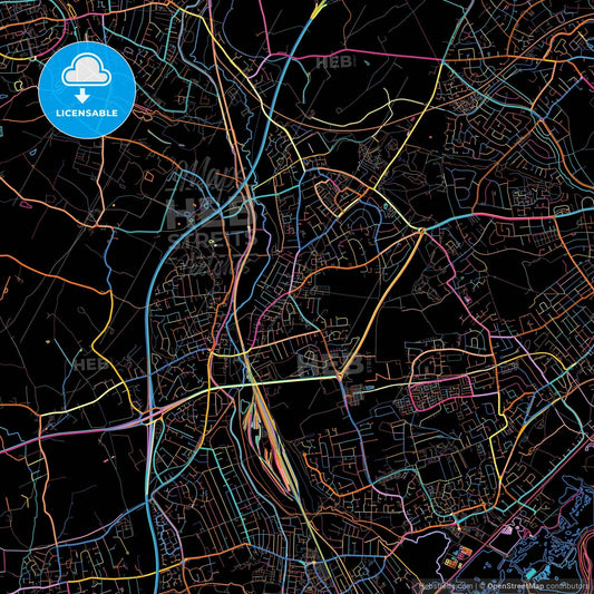 Beeston and Stapleford, East Midlands, England, colorful city map on black background