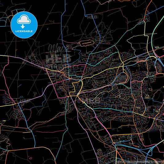 Dunfermline, Fife, Scotland, colorful city map on black background