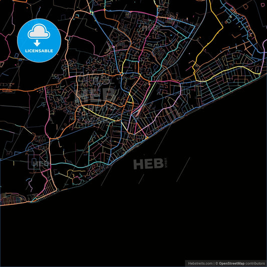 Clacton-on-Sea, East of England, England, colorful city map on black background