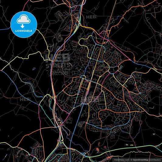 Welwyn Garden City, East of England, England, colorful city map on black background