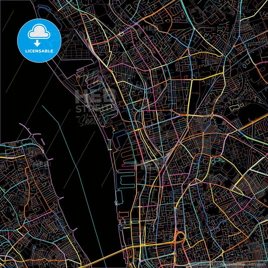 Bootle, North West England, England, colorful city map on black background