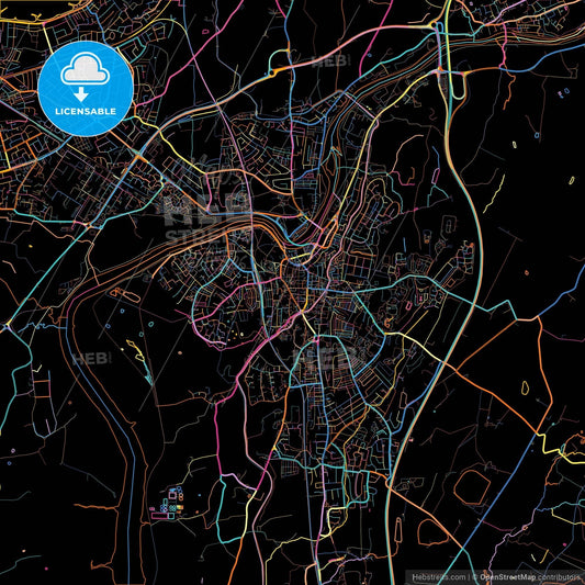 Lancaster, North West England, England, colorful city map on black background