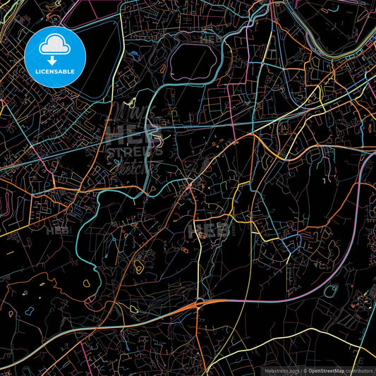 Esher, North East England, England, colorful city map on black background