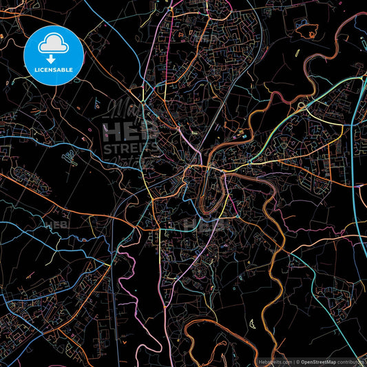Durham, North East England, England, colorful city map on black background