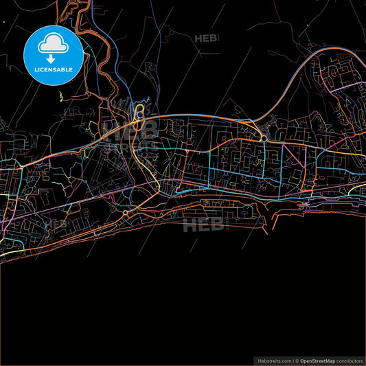Shoreham-by-Sea, South East England, England, colorful city map on black background