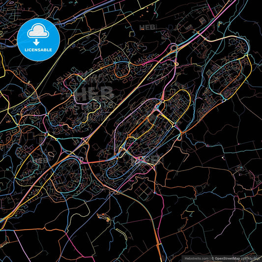 Cumbernauld, North Lanarkshire, Scotland, colorful city map on black background