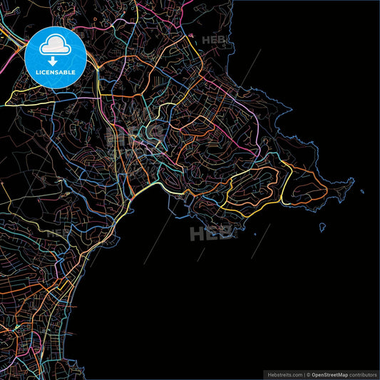 Torquay, South West England, England, colorful city map on black background