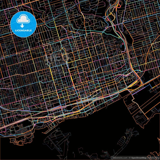 Toronto, Ontario, Canada, colorful city map on black background