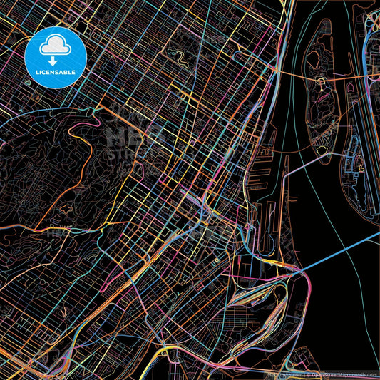 Montreal, Quebec, Canada, colorful city map on black background