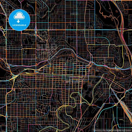 Calgary, Alberta, Canada, colorful city map on black background