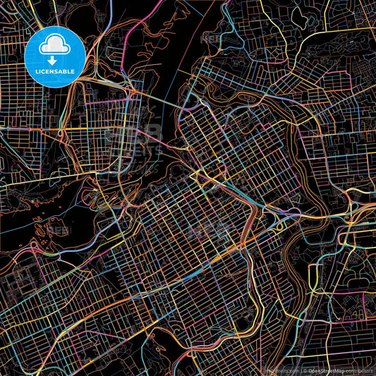 Ottawa, Ontario, Canada, colorful city map on black background