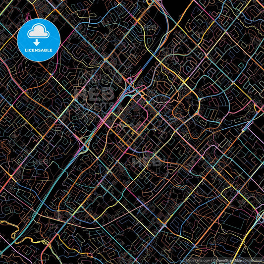 Mississauga, Ontario, Canada, colorful city map on black background