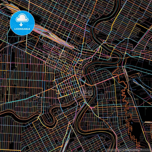 Winnipeg, Manitoba, Canada, colorful city map on black background
