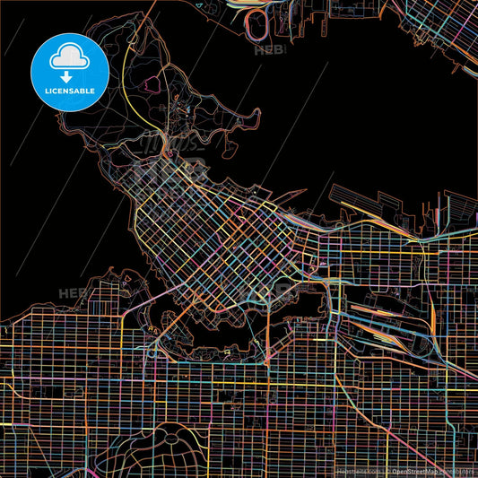 Vancouver, British Columbia, Canada, colorful city map on black background