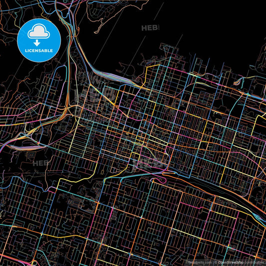Hamilton, Ontario, Canada, colorful city map on black background