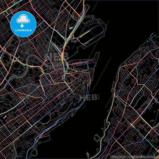 Quebec City, Quebec, Canada, colorful city map on black background