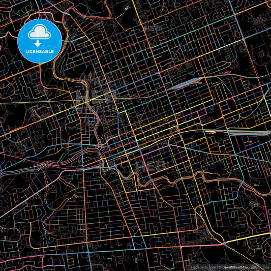 London, Ontario, Canada, colorful city map on black background