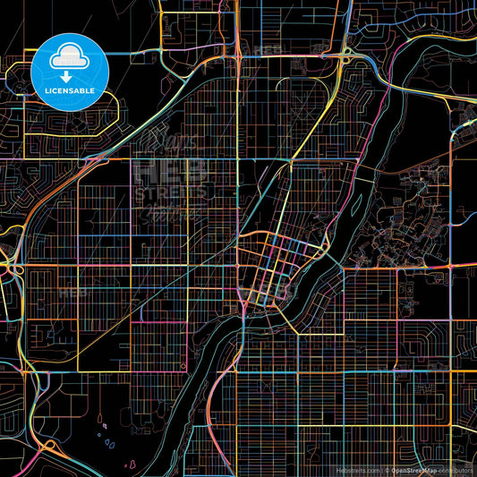 Saskatoon, Saskatchewan, Canada, colorful city map on black background