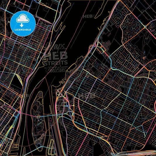 Longueuil, Quebec, Canada, colorful city map on black background