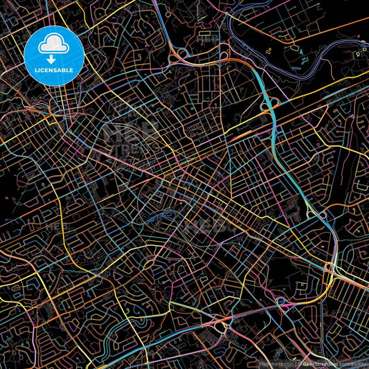 Kitchener, Ontario, Canada, colorful city map on black background